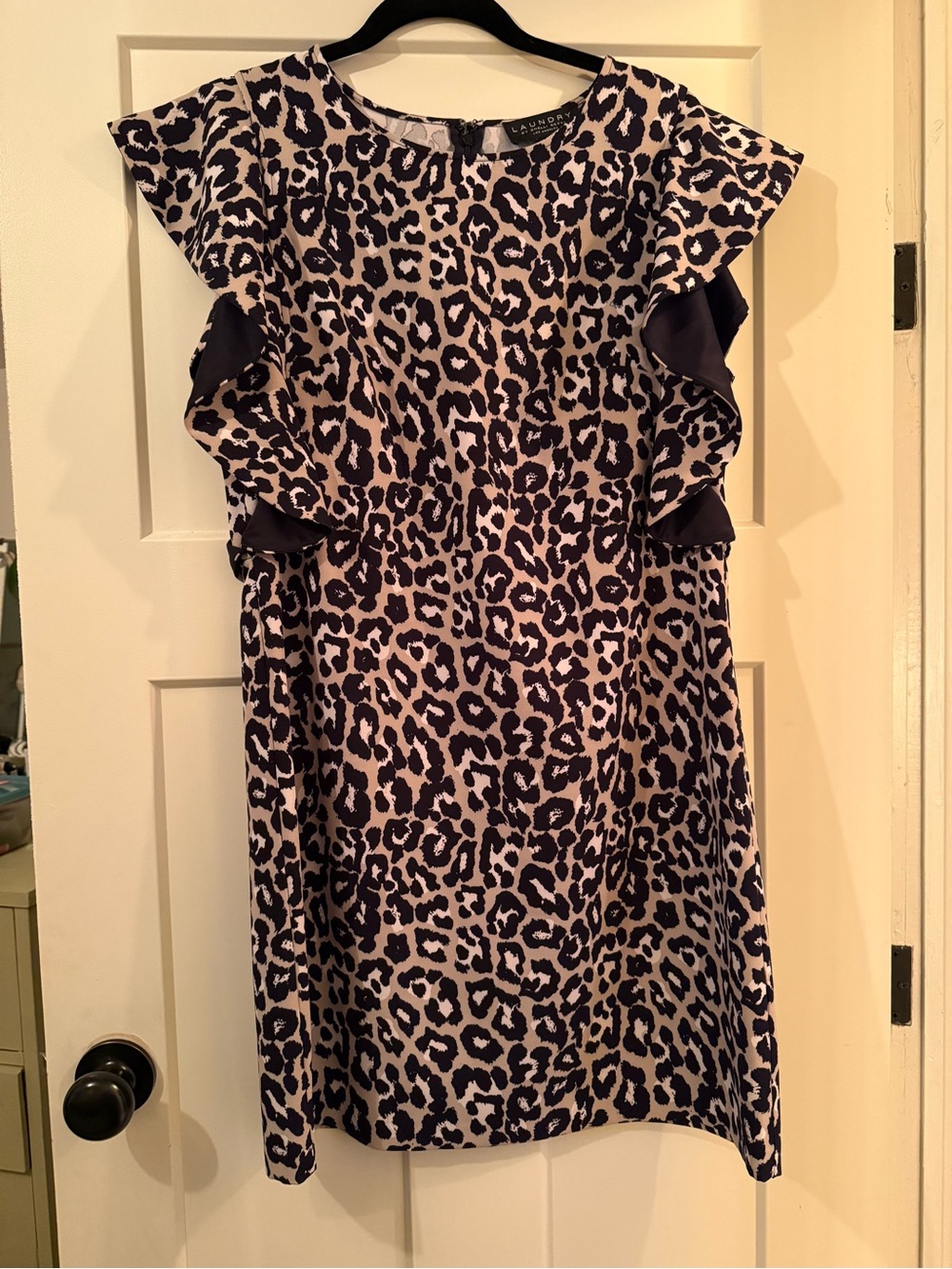 Leopard Print Ruffle Shift Dress - Black & Cream